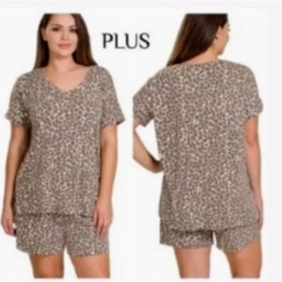 Plus Leopard Print Short Set Pajama - Picture 1 of 2